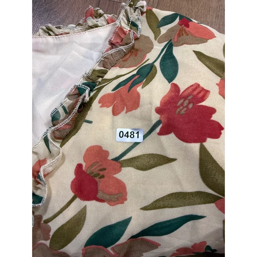 Floral Chiffon Tiered Maxi Dress Long Sleeve Ruffle V-Neck Cream Red Large